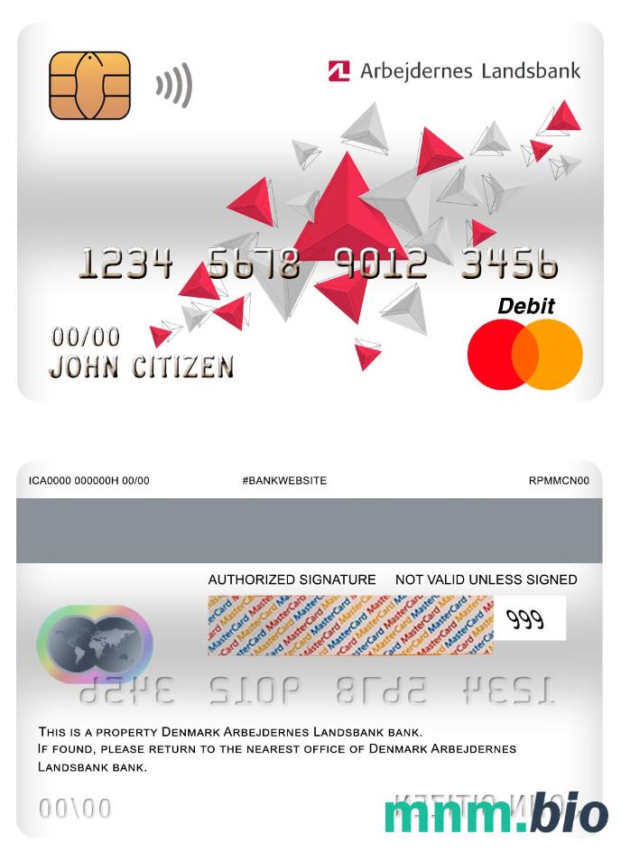 Denmark Arbejdernes Landsbank bank master debet karta przykład w formacie PSD